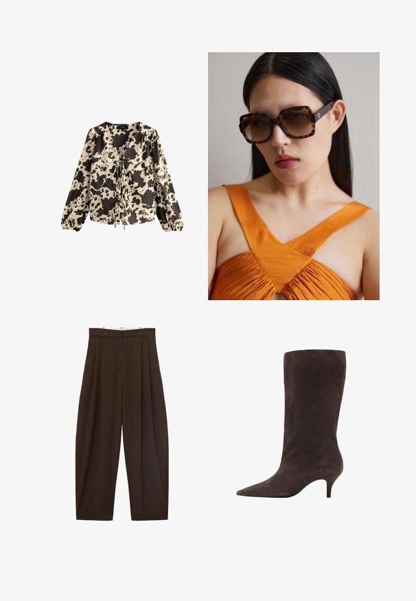Langarmblouse in crème en zwart koeienprint. Kenmerkt zich door een diepe V-hals met een gestrikt voorkant en getailleerde mouwen met elastische manchetten.; Bruine high-waisted broek met plooien, gemaakt van soepel materiaal. Loose fit, rechte pijpen, met riemlussen en een ritsluiting.; Bruine suède kniehoogte laars met een spitse neus en een mid-hoge hak, met een gladde textuur en een slank ontwerp.; Bruine schildpadoversized zonnebril met een brede rechthoekige rand en gradient lenzen. Gouden logo-detail aan de zijkant.; Bruine suède handtas met een lange leren schouderband, zilveren hardware, een rechthoekige vorm en een platte flap met een centrale versiering.