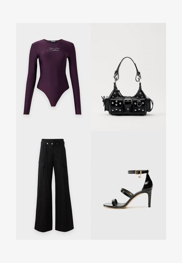 Ilgas rankovės bodis tamsiai violetinės spalvos, pagamintas iš elastingos medžiagos, su aukštu apykakle ir sidabro logotipu ant krūtinės.; Juodos platėjančios kelnės su aukštu juosmeniu, turinčios dideles šonines kišenes, dvi priekinės mygtukus ir kilpelės detalę. Pagamintos iš tvirto audinio.; Juodas patentuotas odinis sandalai su trimis diržais, kulkšnies sagtimi ir 4 colių stiletto kulnu. Yra aukso detalės ir logotipo žavesys.; Juodas odinis rankinukas su kreiviu dizainu, su sidabro spalvos knopkėmis, užsegimu ir dviem šoninėmis kišenėmis. Reguliuojama dirželis nešimui.