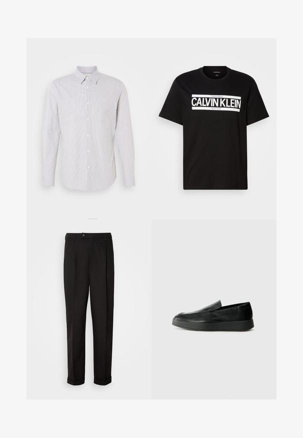 Srajca z dolgimi rokavi in ovratnikom v belem s ozkimi modrimi črtami, z gumbom spredaj in majhnim logotipom na prsih.; Črna kratkohlačasta majica s kratkimi rokavi, z belim logotipom "CALVIN KLEIN NEW YORK" na sredini prsnega dela, okrogel ovratnik in oznaka srednje velikosti znotraj ovratnika.; Črne hlače z gladko teksturo, z ravnim krojem, dvema sprednjima žepoma in zapiranjem na en gumb v pasu.; Calvin Klein HYBRID CUP - Čevlji brez vezalk - triple black