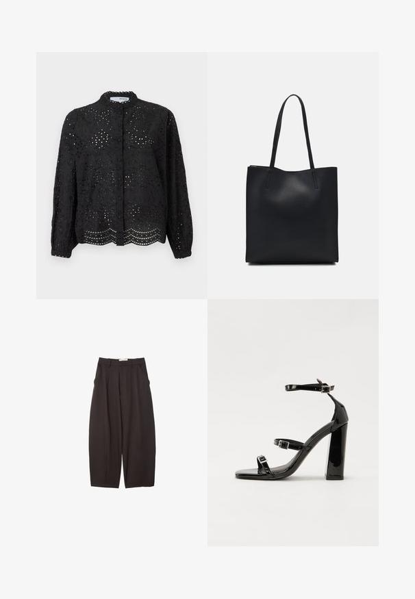 Black button-up blouse with long sleeves, featuring intricate eyelet design and scalloped hem. Made of lightweight fabric with a textured finish.; Black wide-leg trousers made from a smooth fabric, featuring a high waist, front pleats, and side pockets. Simple design without embellishments.; Black patent heeled sandals with a square toe, ankle straps, and silver buckles. Features a chunky block heel for stability.; Black leather tote bag with smooth texture, rectangular shape, and two long handles. No visible hardware or embellishments.