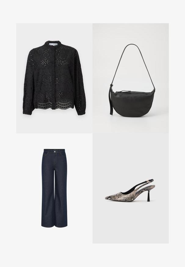 Črna bluzica s kratkimi rokavi, z zaprtimi gumbi, ki je okrašena z izjemno očesno zasnovo in valovitimi robovi. Narejena je iz lahkotnega materiala z teksturiranim zaključkom.; Široke temno modre jeans hlače z visokim pasom, vidne detajle šivanja v kontrastni zlatni barvi ter sprednjimi in zadnjimi žepi. Klasičen pet-žepni dizajn.; Cipele s izrezanim leđima i uskim potplatom, s karakterističnim oblikom na vrhu i teksturiranim uzorkom zmijske kože, imaju tanke crne potpetice i otvoreni dizajn sa strane.; Črna usnjena torbica za ramo s prikladno obliko, enojnim trakom, zadrgo in diskretnimi šivi po telesu.