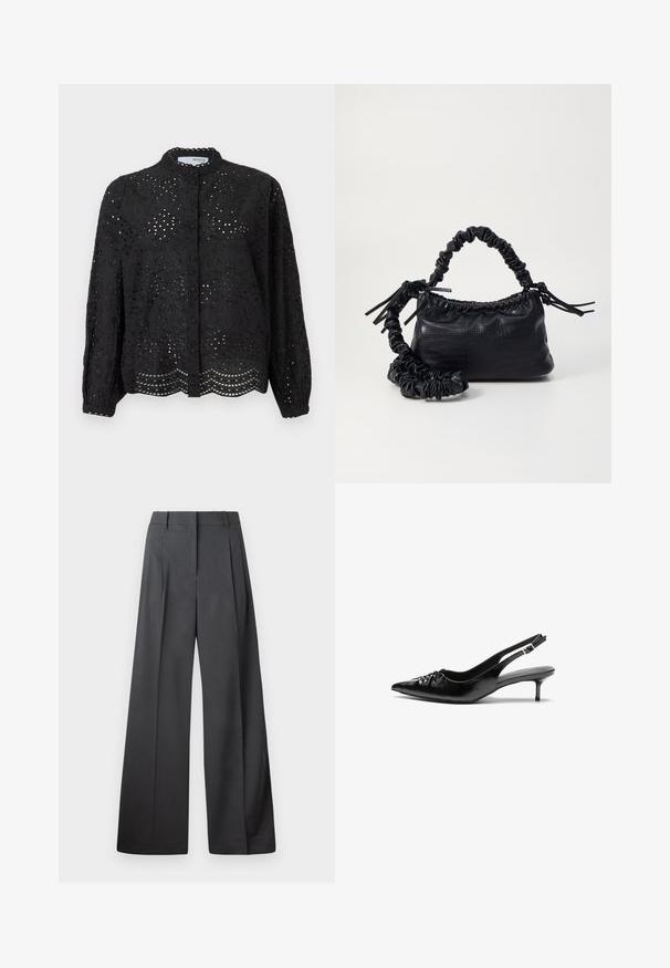 Čierna elegantná blúzka s dlhými rukávmi, vyznačujúca sa jemným vyšívaným vzorom a vlnitým lemovaním. Vyrobená z ľahkej tkaniny s textúrovaným povrchom.; Nohavice s širokými nohavicami z tmavošedej látky, s vysokým pásom, jedinými záhybmi a hladkou textúrou s čistým zakončením na lemoch.; Čierne kožené slingback podpätky s ostrou špičkou, malým podpatkom a dekoratívnym uzlom vpredu. Hladký povrch po celom obvode.; Čierna umelá kožená kabelka s kroko vzorom, sťahovaným vrchom a zhnutým popruhom. Vyzerá mäkko a kompaktné v dizajne.
