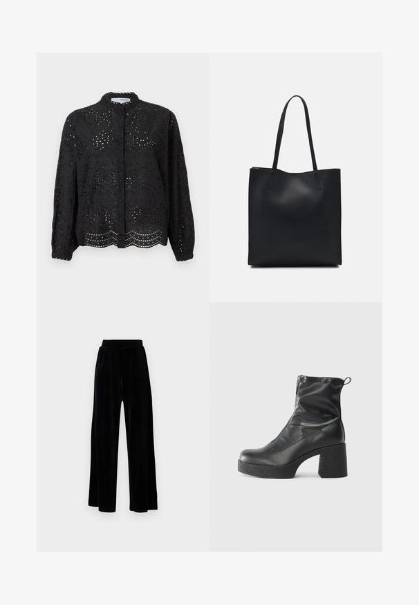 Czarna bluzka z długim rękawem, zapinana na guziki, z misternym wzorem z oczkami i falbaniastym dołem. Wykonana z lekkiego materiału o teksturowanym wykończeniu.; Czarne spodnie z szerokimi nogawkami wykonane z miękkiego weluru, z elastycznym pasem i gładką fakturą, bez widocznych detali czy wzorów.; Czarne botki za kostkę wykonane z gładkiej skóry, wyposażone w boczny zamek błyskawiczny, masywny teksturowany obcas oraz zaokrąglony czubek.; Czarna skórzana torba tote o gładkiej fakturze, prostokątnym kształcie i dwóch długich uchwytach. Brak widocznych elementów metalowych i ozdób.