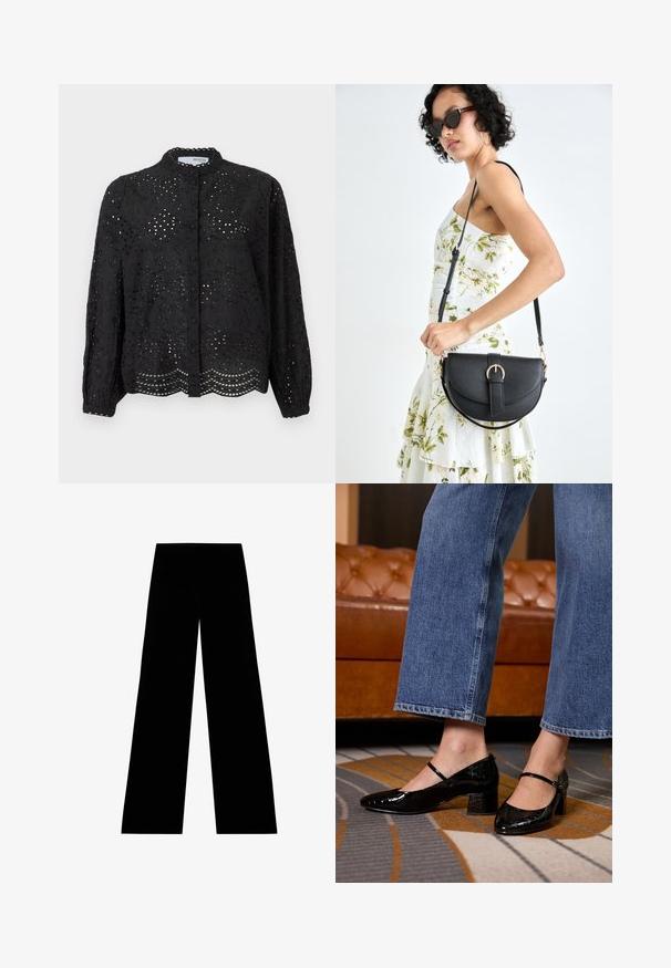 Blusa negra de botones con mangas largas, que presenta un intrincado diseño de ojetes y un dobladillo con ondas. Fabricada con un tejido ligero y de acabado texturizado.; Pantalones negros de pierna ancha hechos de un material suave, con una cintura alta y sin bolsillos visibles ni embellishments.; Zapatos de charol negros con punta afilada, tacón cuadrado y correa en el tobillo, llevados con jeans de pierna ancha, sobre una alfombra estampada.; Bolso de piel negra con forma curva, correa desmontable y herrajes dorados. El bolso cuenta con una solapa con un detalle de hebilla.