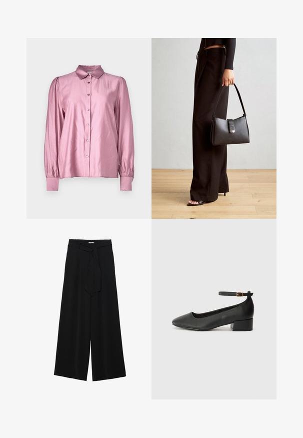 Blusa de seda rosa com mangas longas, fecho frontal com botões e punhos franzidos. Apresenta um colarinho clássico e uma textura suave.; Calças largas pretas com um tecido texturizado, uma cintura elástica e um laço destacável na cintura para um ajuste ajustável.; Sandal de pele preta com bico pontiagudo e um salto bloco baixo. Apresenta uma tira no tornozelo com uma fivela em tom dourado. Textura suave.; Bolsa preta com forma estruturada, textura suave e um fecho metálico. Combinada com calças largas pretas e sandálias de salto aberto sobre um chão de madeira.