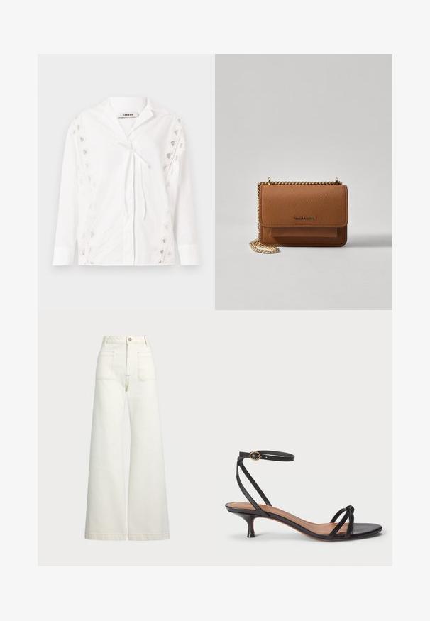 Bílé tričko z bavlny s designem na zavazování vpředu, krajkovými detaily na stranách, dlouhými rukávy a límcem. Zavazuje se v pase.; Džíny s širokými nohavicemi v off-white denim. Vysoký pas s knoflíkovým zapínáním, dvě přední kapsy a detaily kontrastního šití.; Polo Ralph Lauren LEATHER KITTEN-HEEL SANDAL - Klasické lodičky - black; Hnědá texturovaná kožená kabelka přes rameno se zlatým řetízkovým popruhem a klopnovým uzavíráním. Přední strana obsahuje detail loga a kapsu pod klopou.