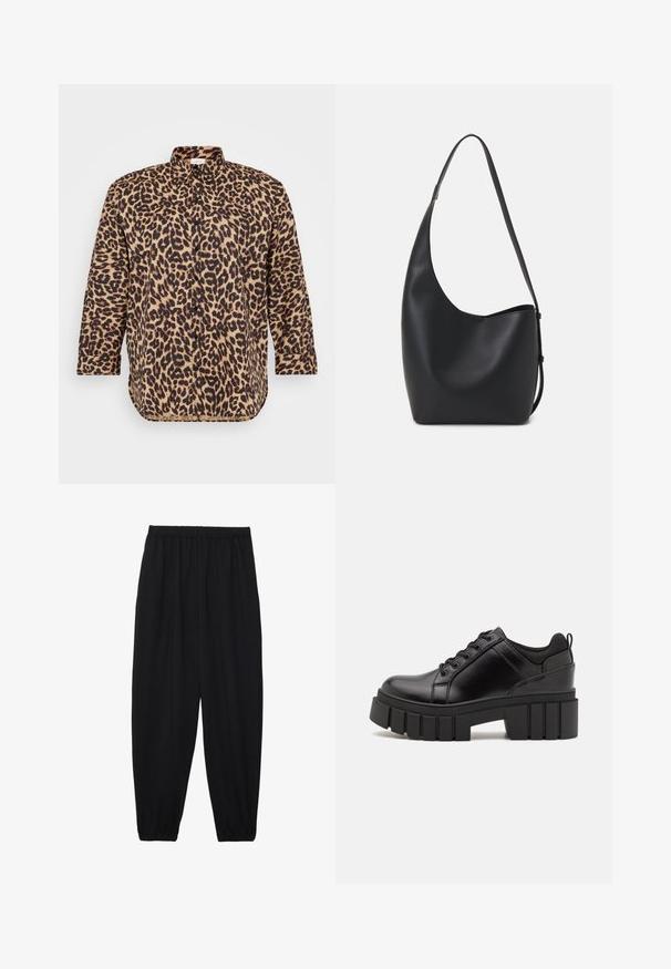 Camisa de botão em padrão de leopardo nas cores castanho e preto, com colarinho clássico, mangas longas e um corte descontraído com um hem ligeiramente curvado.; Calças pretas, leves, com um cinto elástico e punhos franzidos. O tecido é suave e apresenta um design relaxado e afunilado.; Sapatos de plataforma em couro preto com um salto bloco robusto, bico redondo e design clássico de atacadores. Apresentam uma textura suave e detalhes mínimos.; Saco hobo preto em pele com uma textura lisa, forma curva e uma única alça ajustável; apresenta uma abertura larga na parte de cima.