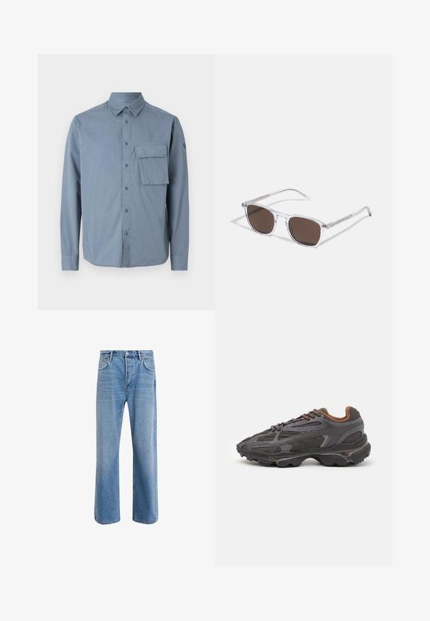 Mėlynas ilgomis rankovėmis mygtukų marškinėliai iš lengvos medžiagos. Siunčiami krūtinės kišenė ir apykaklė, su priekiniais mygtukais. Sklandus paviršius.; Šviesiai mėlyni džinsai su tiesiu kirpimu, penkios kišenės, mygtuko užsegimas, minimalus blukimas ir kontrastingi siuvimo detalės.; Lacoste sportbačiai tamsiai pilki, pagaminti iš tinklinės ir sintetinių medžiagų, su tekstūruotu padu ir rudomis detalėmis ant apykaklės bei prekės ženklo.; Skaidrūs plastikiniai saulės akiniai su stačiakampiais rudos spalvos lęšiais, pasižymintys plonais, skaidriais šonais ir metaliniais akcentais ant rėmo.