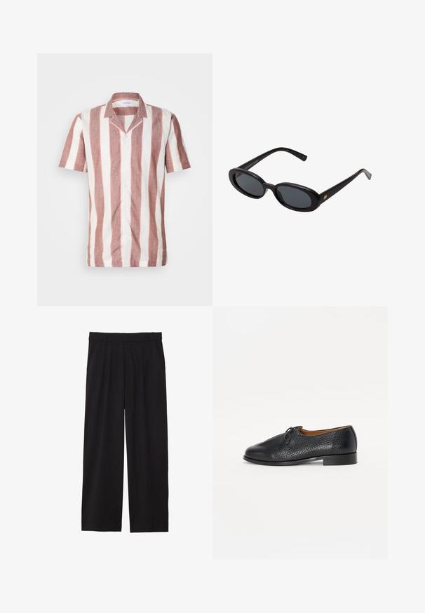 Trumpas rankovėmis marškiniai, pagaminti iš lengvos medžiagos, su plačiomis vertikaliomis rožinėmis ir baltomis juostelėmis, su apykakle ir priekinėmis mygtukais.; Juodos platėjančios kelnės su pločiu priekiniu raukiniu, šoninėmis kišenėmis ir lygiu audiniu. Sukurtos patogiam prigludimui.; Juodas odinis batai su tekstūruotu paviršiumi, apvaliu nosiu ir mažu kaspinėliu viršuje. Yra žemas, tvirtas kulnas.; Juodos didelės saulės akinių su ovaliais objektyvais, lygia plastiko rėmeliu ir aukso akcentais ant šventyklos. Tamsūs objektyvai suteikia apsaugą nuo saulės.