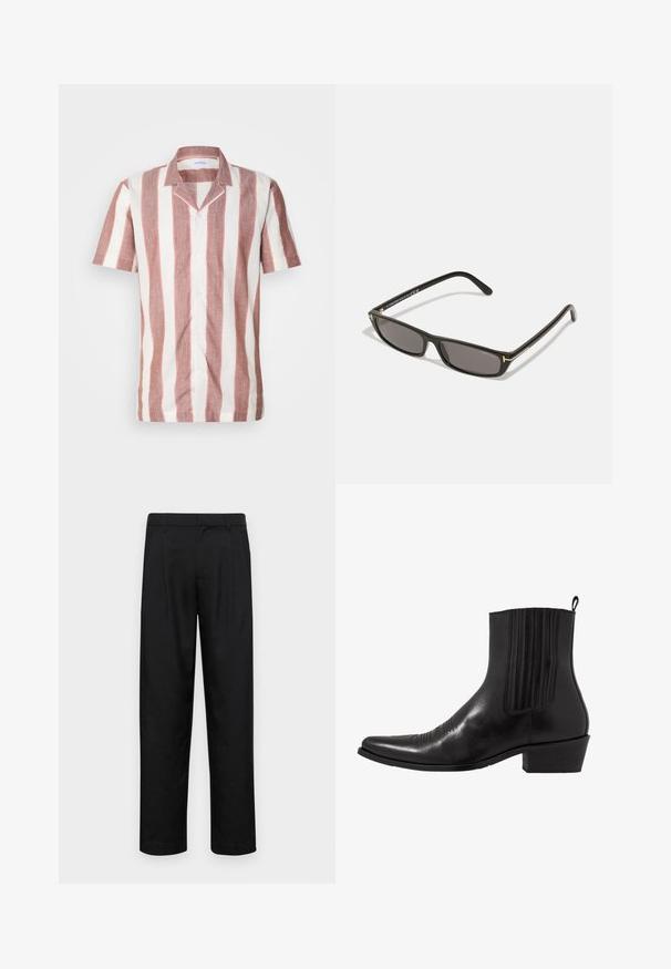 Korte mouw shirt van lichtgewicht stof met brede verticale strepen in roze en wit, met een kraag en knopen aan de voorkant.; Zwarte broeken van gladde stof, met een recht model, twee voorknikken en een standaard tailleband met riemlussen.; Zwarte leren enkellaarzen met een spitse neus, elastische zijpanele, verticale stiksels en een lage blokhak.; Zwarte rechthoekige zonnebril met donkere lenzen. Kunststof frame met een matte afwerking. Gouden accenten op de armen en merklogo.