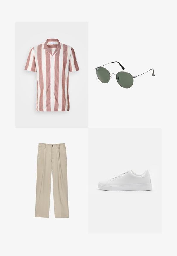 Kurzarmhemd aus leichtem Stoff mit breiten vertikalen Streifen in Pink und Weiß, mit Kragen und vorderen Knöpfen.; Beige Hosen mit geradem Schnitt, ausgestattet mit einem einzelnen schwarzen Knopf, Gürtelschlaufen und Seitentaschen. Glatte Stofftextur und minimalistisches Design.; Weiße Sneakers mit einem glatten synthetischen Obermaterial, runder Zehenform, sechs Ösen für Schnürsenkel und einer flachen Gummisohle mit strukturierten Details.; Metallgestellte Sonnenbrille mit ovalen grünen Gläsern. Dünner silberner Metallrahmen und schwarze Ohrstücke. Minimalistisches Design, keine sichtbaren Logos.