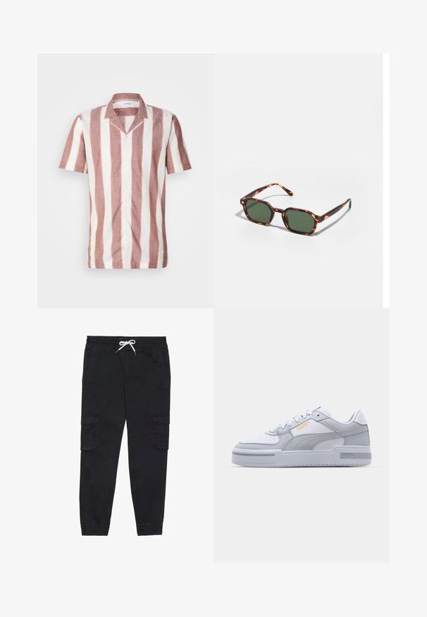 Košulja kratkih rukava od lagane tkanine s širokim okomitim prugama u ružičastoj i bijeloj boji, s kragnom i prednjim gumbima.; Crne cargo hlače od pamuka, s elastičnom sredinom struka i vezicom, bočnim džepovima i suženim rubovima.; Sive i bijeli tenisice s glatkom kožom na gornjem dijelu, perforiranim vrhom, vezanjem, teksturiranim detaljima i suptilnim zlatnim logom.; Tortoiseshell sunčane naočale s zelenim lećama, sa osmerokutnim oblikom i tankim, zakrivljenim drškama. Materijal ima sjajnu završnu obradu.