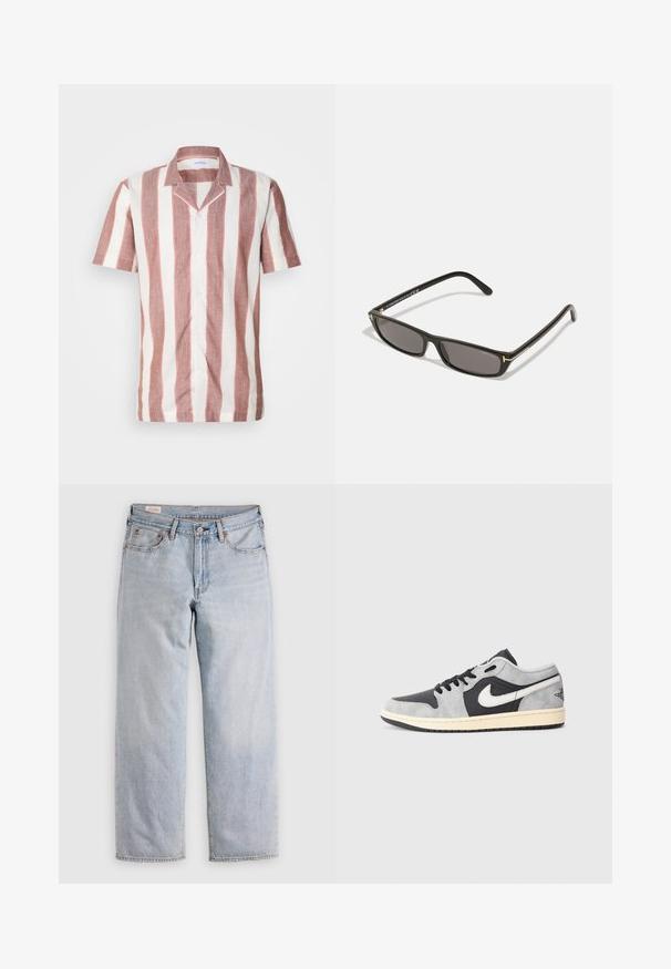 Korte mouw shirt van lichtgewicht stof met brede verticale strepen in roze en wit, met een kraag en knopen aan de voorkant.; Lichtblauwe rechte jeans met een hoge taille, knoopsluiting en voor- en achterzakken, gepresenteerd op een vlakke ondergrond.; Nike Air Jordan 1 Low in grijs en zwart suède met witte accenten. Bevat een gevoerde zool en het klassieke Nike swoosh-logo.; Zwarte rechthoekige zonnebril met donkere lenzen. Kunststof frame met een matte afwerking. Gouden accenten op de armen en merklogo.