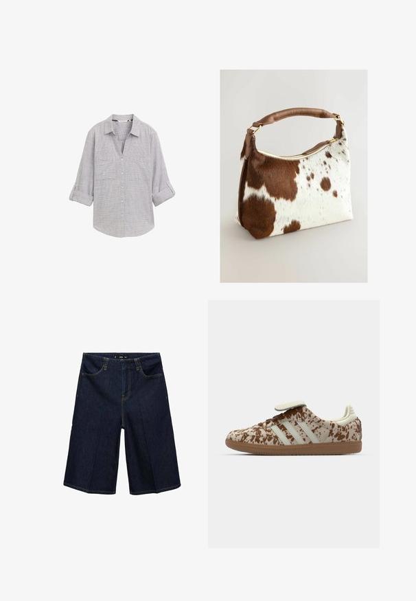 Chemise boutonnée gris clair avec un motif à carreaux, deux poches poitrine et des manches retroussées. Fabriquée en tissu texturé.; Haut noir à col halter en tissu lisse, avec un design de décolleté torsadé et une silhouette ajustée. Pas de motifs ni de matériel visible.; Bermudas en denim bleu foncé avec une coupe décontractée, dotées de deux poches avant, de coutures jaunes et d'une taille avec passants de ceinture.; Baskets avec un motif beige et marron moucheté, dotées de trois bandes blanches, d'une sangle velcro et d'une semelle en caoutchouc marron.; Sac en cuir de vachette avec un motif tacheté brun et blanc, une bandoulière en cuir marron, une fermeture éclair dorée et une texture douce. Forme structurée avec des bords arrondis.