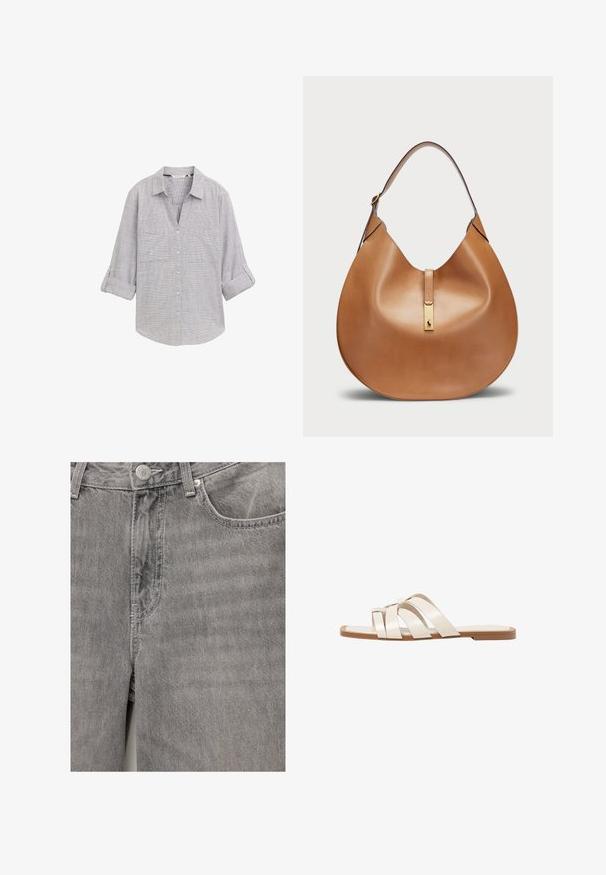 Hellgrau kariertes Hemd mit Knöpfen, zwei Brusttaschen und hochgerollten Ärmel. Hergestellt aus einem strukturierten Stoff.; Graue Jeans aus Denim mit einer glatten Textur, ausgestattet mit einem Frontknopf und einem Reißverschluss, seitlichen Taschen und dezenten Stickdetails.; Flache Sandalen mit einer honigfarbenen Gummisohle, gestaltet mit drei überlappenden weißen Lederriemen und einem kleinen Schleifendetail in der Mitte.; Taschenhandtasche aus braunem Leder mit geschwungener Form und breitem Schultergurt. Sie verfügt über einen goldenen Metallakzent in der Mitte und eine glatte Textur.