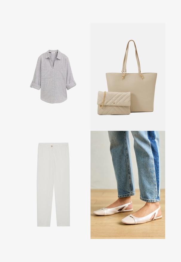 Svetlošedá košela na gombíky s kockovaným vzorom, dvoma náprsními vreckami a vyhrnutými rukávmi. Vyrobená z textúrovanej látky.; Biele, priliehavé nohavice s rovnými nohavicami, so zapínaním na gombík, pútkami na opasok a bočnými vreckami; hladká textúra látky.; Svetloružové slingback baleríny s jemne špicatou špičkou, vyrobené z hladkého materiálu pripomínajúceho kožu. Majú výrezové detaily na stranách a plochý opätok.; Bežová taška na plece s plochými uchami, hladkým povrchom a zlatými kovovými detailami, doplnená zladenou prešívanou kabelkou s reťazovou rukoväťou.