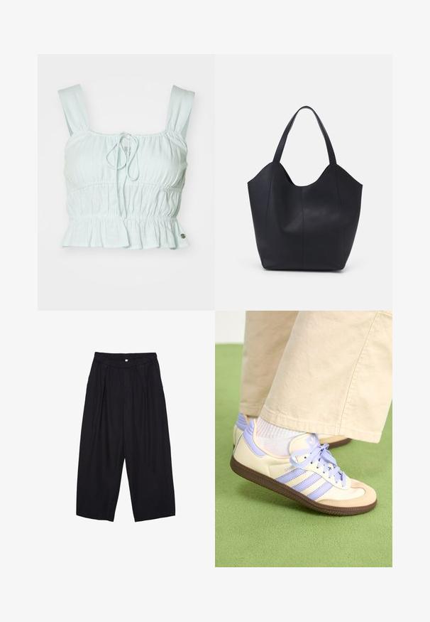 Top corto azzurro chiaro con tessuto arricciato, chiusura frontale regolabile con lacci e orlo arricciato. Presenta spalline larghe e un piccolo accento in metallo.; Pantaloni culotte neri in poliestere con una cintura elastica, due pieghe frontali e una silhouette ampia. Nessun motivo visibile o dettagli in metallo.; Sneakers crema e lavanda con tre strisce e suola marrone texturizzata, dotati di lacci e tallone imbottito. Parte superiore in tessuto morbido.; Borsa tote nera realizzata in pelle liscia, con una parte superiore curva e aperta, dotata di due manici per spalla e un design minimalista.