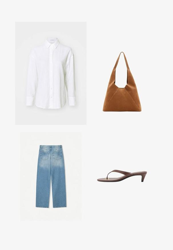 White linen shirt with a classic collar, long sleeves, and button front. Features a relaxed fit and a subtle texture throughout.; Brown long-sleeve polo shirt featuring horizontal stripes in white and purple, a collared neckline, and an embroidered logo on the chest.; Light blue denim jeans with a straight leg design, featuring two back pockets and a faded texture at the upper sections.; Brown heeled flip-flop sandal with a slender strap and rounded toe post, featuring a small gold accent on the footbed.; Brown suede hobo bag with a slouchy shape, featuring a curved top handle and triangular panel details on the front and back.