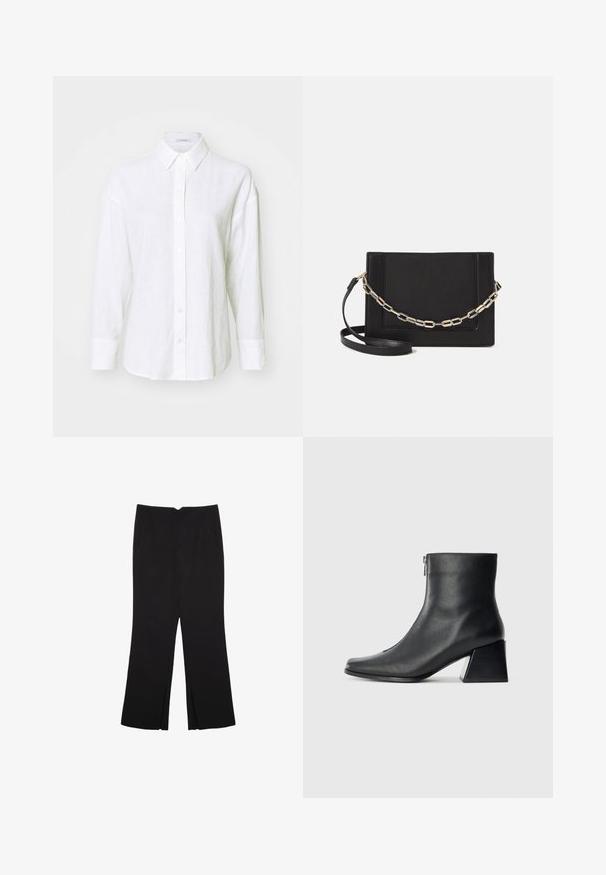 White linen shirt with a classic collar, long sleeves, and button front. Features a relaxed fit and a subtle texture throughout.; Black trousers with a straight fit, featuring front pockets and side slits at the hem. Made of soft, smooth fabric. Suitable for various occasions.; Black leather ankle boot with square toe, side zipper, and block heel against plain light background.; Black leather crossbody bag featuring a smooth texture, rectangular shape, and a metallic chain detail on the front. Adjustable strap included.