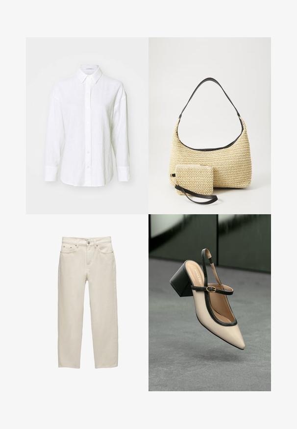 Biele ľanové tričko s klasickým golierom, dlhými rukávmi a predným zapínaním na gombíky. Má voľný strih a jemnú textúru po celej ploche.; Biele riffelované džínsy s voľným strihom, rovný strih nohavíc, dizajn s piatimi vreckami a kovovými doplnkami s jemnou textúrou.; Béžová lodička so špicatou špičkou, s čiernym lemom, zlatou prackou a robustným blokovým podpätkom na šedom podlahe s tmavozeleným pozadím.; Tkaná slamenná kabelka s prehnutým siluetom, vybavená hladkým čiernym koženým popruhom a zodpovedajúcou malou taštičkou pripevnenou pomocou zápästného popruhu.