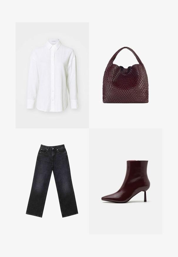 Weißes Leinenhemd mit klassischem Kragen, langen Ärmeln und Knopfleiste. Bietet eine lockere Passform und eine dezente Struktur im gesamten Stoff.; Hoch taillierte schwarze Jeans aus Denim mit weitem Bein, Fünf-Taschen-Design und sichtbaren Nähten. Der Stoff hat eine glatte, leicht strukturierte Oberfläche.; Burgunderfarbene Lackleder-Stiefelette mit spitzem Zehenbereich und schlankem Stilettosc heel, die eine glatte, glänzende Textur und ein minimalistisches Design aufweist.; Geflochtene burgunderfarbene Handtasche mit runder Form und einem einzelnen Griff, die über eine strukturierte Oberfläche und einen elastischen Kordelzugverschluss verfügt.