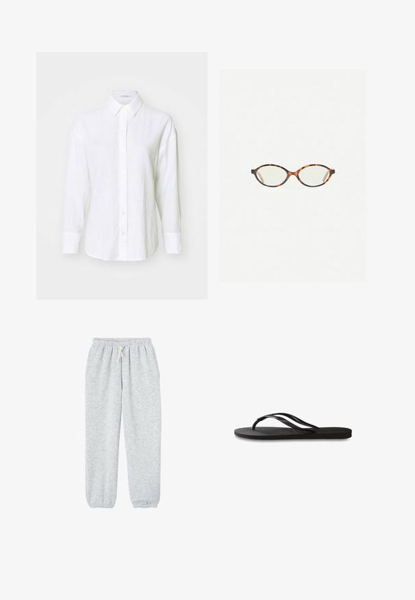 Chemise en lin blanche avec un col classique, des manches longues et une fermeture à boutons. Présente une coupe décontractée et une texture subtile sur l'ensemble.; Pantalons de survêtement gris en tissu doux, avec une taille élastique dotée d'un cordon de serrage et des poignet élastiques aux chevilles.; Tongs noires avec une semelle en caoutchouc texturée, deux fines lanières et un détail de logo embossé subtil sur la lanière.; Lunettes en écaille de tortue avec des verres ovales et une finition lisse et élégante. Présente des branches fines avec une courbure subtile au niveau des tempes. Verres transparents.