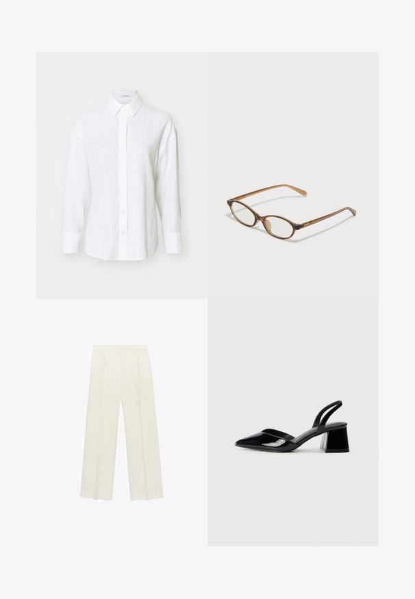 Valkoinen pellavapaita, jossa on klassinen kaulus, pitkät hihat ja nappi edessä. Omaava rento istuvuus ja hienovarainen tekstuuri kauttaaltaan.; Valkoiset leveälahkeiset housut vaaleassa kermassa. Valmistettu sileästä kankaasta, jossa on laskokset edessä ja sivutaskut.; Mustat patentoitu nahkakengät, joissa on säären takaosa ja terävä kärki, sekä geometrinen palikkakorko. Sisältää tyylikkään, minimalistisen muotoilun ja sileän pinnan.; Ruskeat kilpikonnaruutulasiset silmälasit, joissa ovaalit linssit, ohuet varret ja läpinäkyvät yksityiskohdat. Temppeleissä on huomaamaton logo. Suunnittelultaan suora ja kevyt.