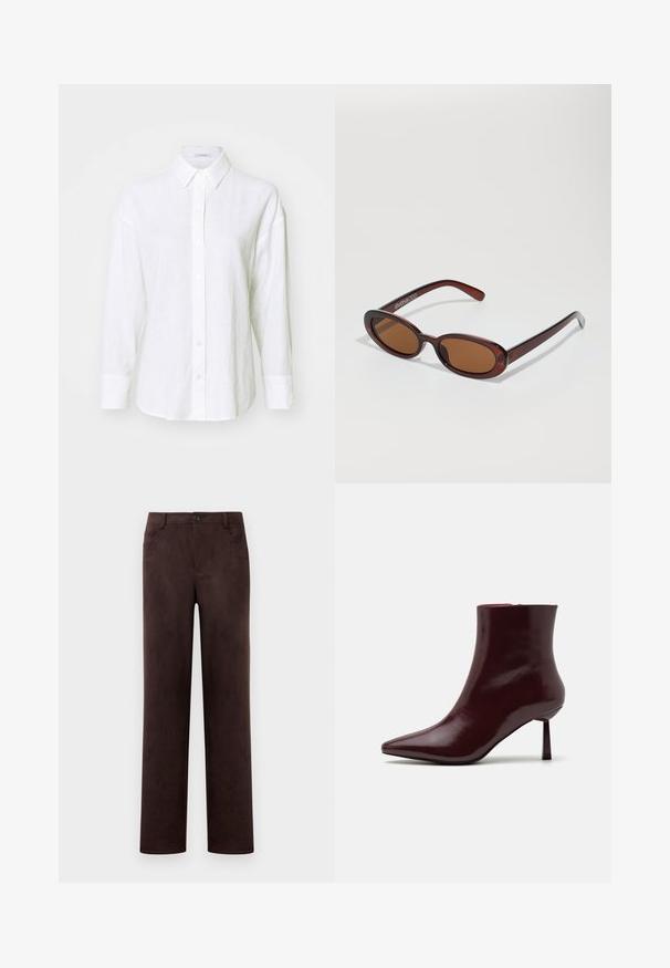Bílá lněná košile s klasickým límcem, dlouhými rukávy a zapínáním na knoflíky. Má uvolněný střih a jemnou strukturu po celém povrchu.; Kalhoty z tmavohnědého semiše s rovnými nohavicemi, předním zapínáním na knoflík a zip, poutky na opasek a bočními kapsami.; Burgundské lakované kozačky po kotníky se špičatou špičkou a štíhlým jehlovým podpatkem, s hladkou, lesklou texturou a minimalistickým designem.; Kulaté sluneční brýle hnědé barvy s lesklým burgundským rámem. Úzké nožičky s jemným logem. Rovné čočky.; Tkaná bordó kabelka s kulatým tvarem a jedním uchopem, která má texturovaný povrch a elastické stahovací šňůrky.