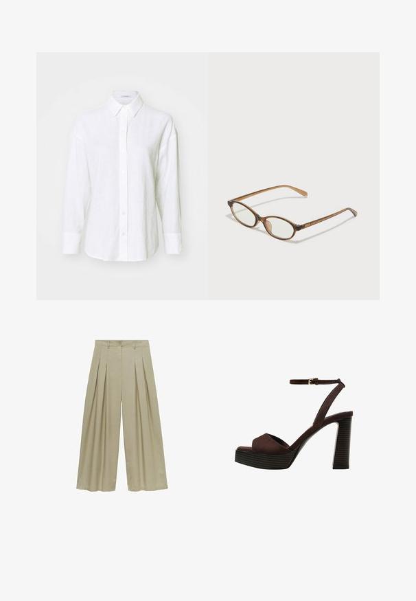 Chemise en lin blanche avec un col classique, des manches longues et une fermeture à boutons. Présente une coupe décontractée et une texture subtile sur l'ensemble.; Mango Pantalon classique - light green; Sandale à talons hauts en suede marron avec un bout ouvert, une bride de cheville réglable et une semelle de plateforme rayée.; Lunettes en écaille de tortue marron avec des verres ovales, des branches fines et des accents transparents. Présente un logo subtil sur la branche. Design élégant et léger.