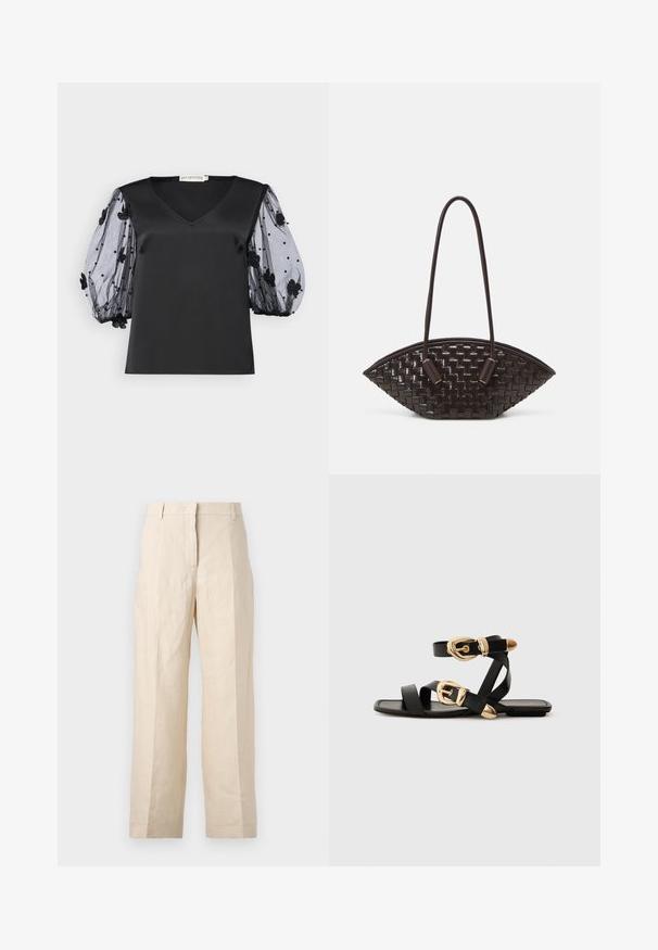 Czarny satynowy top z dekoltem w serek, z przezroczystymi czarnymi rękawami z tiulu zdobionymi aplikacjami w kształcie kwiatów i koralikami.; Beżowe spodnie lniane o luźnym kroju, z plisowanym przodem i prostymi nogawkami. Posiadają pasek w talii z szlufkami i brak widocznych kieszeni.; Czarne skórzane sandały z złotymi klamrami, z wieloma paskami i płaską podeszwą, idealne do noszenia na gołe palce.; THEMOIRè OLIMPIA ciemnobrązowy