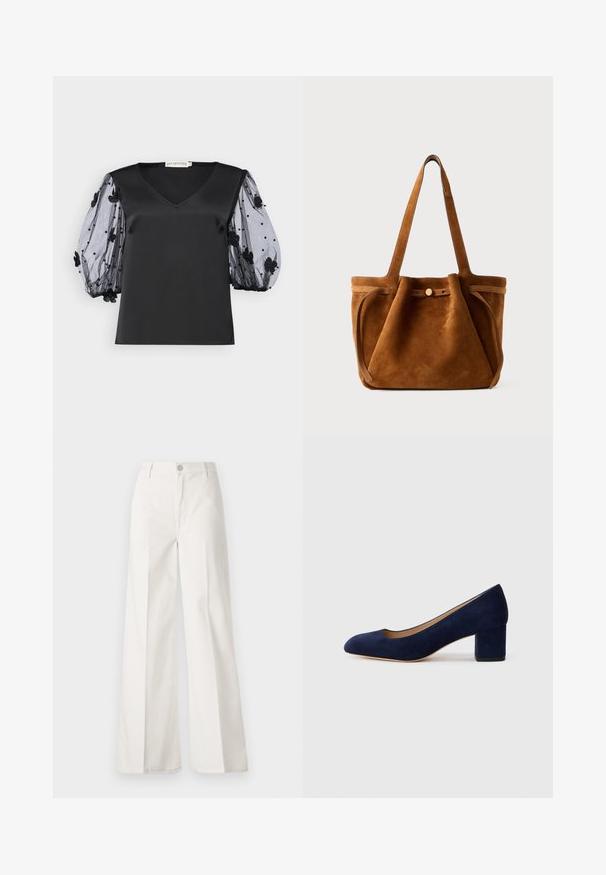 Fekete selyem top V kivágással, áttetsző fekete tüll puff ujjakkal, melyeket virágos applikációk és gyöngyök díszítenek.; Fehér, bővebb nadrág, amely pamutból készült, sima textúrával. Elöl gombbal, cipzáras záródással és négy zsebes kialakítással rendelkezik.; Tengerészkék velúr, hegyes orrú pumpa, középmagas tömbsarkúval. Simítású felület finom fénylő hatással, elöl egy kis kivágással.; Barna velúr tote táska, dupla fogantyúval, gombos záródással és laza, enyhén ülepedett formával.