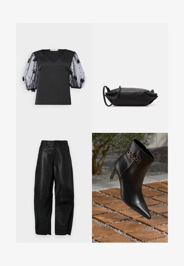 Top din satin negru cu decolteu în V, având mâneci puff din tull negru transparent, împodobite cu aplicații florale și mărgele.; Pantaloni din piele neagră, cu o croială lejeră, având un design drept, buzunare frontale și detalii de cusătură vizibile.; Botine negre din piele, cu vârf ascuțit și tocul mic. Prezintă un accent din lanț auriu la gleznă. Încadrate de o suprafață texturată din piatră.; Geantă de mână din piele neagră, cu o formă rectanguală, textură netedă, curea subțire pentru umăr și design minimalist.
