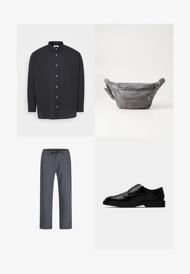 Camicia a maniche lunghe nera, con bottoni, realizzata in lino, dotata di colletto standard, con bottoni bianchi sul davanti e una vestibilità comoda.; Pantaloni grigi con vita elastica e cordoncino. Design a gamba dritta, realizzati in tessuto liscio, caratterizzati da cuciture minime e senza hardware visibile.; Scarpe da uomo in pelle nera con una finitura liscia, punta arrotondata, design con lacci e suola in gomma discreta per una buona aderenza.; Fanny pack in suede grigio con forma arrotondata, due scomparti con cerniera e tracolla regolabile. Presenta dettagli in metallo.