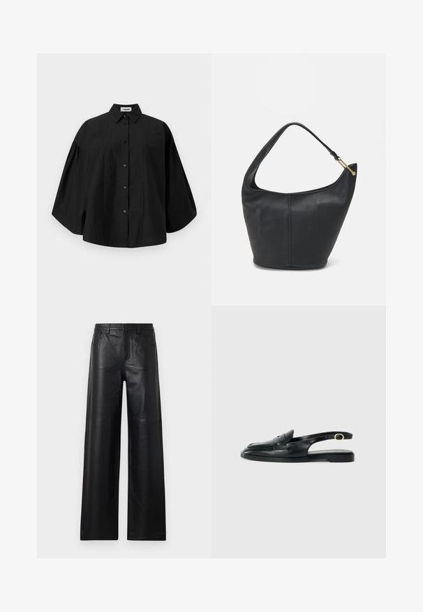AERON HALEY SHIRT - Button-down blouse - black; Wide-leg black leather pants with a smooth texture, featuring front pockets, a button closure, and subtle stitching details.; Black leather slingback shoe with a rounded toe, flat sole, side cutout, and strap featuring a gold-tone hardware detail.; Black leather handbag with a rounded shape, a wide strap, and a textured finish. Features a subtle seam detail and a gold-tone hardware accent.