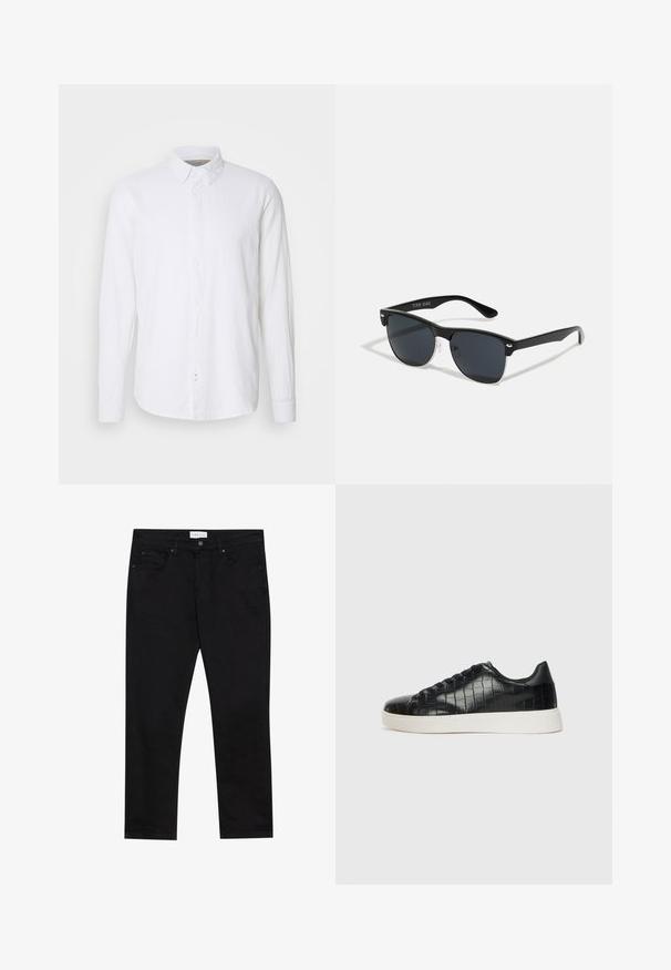 Cămașă albă cu mânecă lungă, din in. Prezintă un guler clasic, clapetă frontală cu nasturi și un tiv drept.; Jeans negri din denim cu un design drept, care prezintă buzunare frontale, fermoar și cusături tonale pentru un aspect uniform.; Tenisi negri cu un exterior din piele texturată imitată crocodil, vârf rotund și o talpă din cauciuc alb contrastant, cu un finisaj neted.; Ochelari de soare negri cu o formă rectangulară, lentile întunecate, accente argintii la tâmple și un finisaj mat pe cadru.