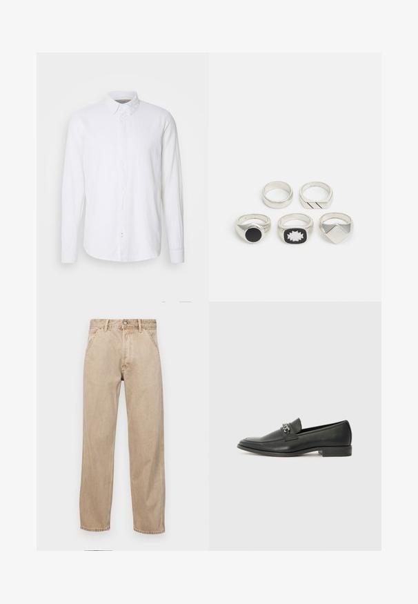 Chemise blanche à manches longues en lin. Présente un col classique, une patte de boutonnage devant et un ourlet droit.; Jeans en denim beige avec une coupe droite, dotés de poches avant, d'une fermeture à bouton en métal et d'une texture subtile.; Mocassin en cuir noir avec une finition lisse, présentant un design cousu et une accent décoratif en chaîne métallique sur le rand. Talon plat.; Cinq anneaux en argent : un avec un détail circulaire noir, un avec un motif géométrique blanc et noir, et les autres avec diverses formes et finitions.