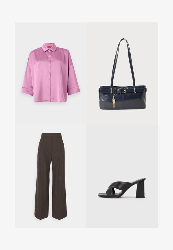 Camicia button-up in satin rosa chiaro con colletto, vestibilità rilassata e maniche arrotolate, caratterizzata da una superficie liscia e una leggera lucentezza.; Pantaloni ampi marrone scuro con vita alta, caratterizzati da pieghe ben stirate, una texture liscia e una vestibilità su misura.; MAX&Co. SOHO - Sandali con tacco - schwarz; Borsa a mano in pelle blu con due manici lunghi, un dettaglio con fibbia e un portachiavi attaccato. Presenta una texture liscia e una forma rettangolare.
