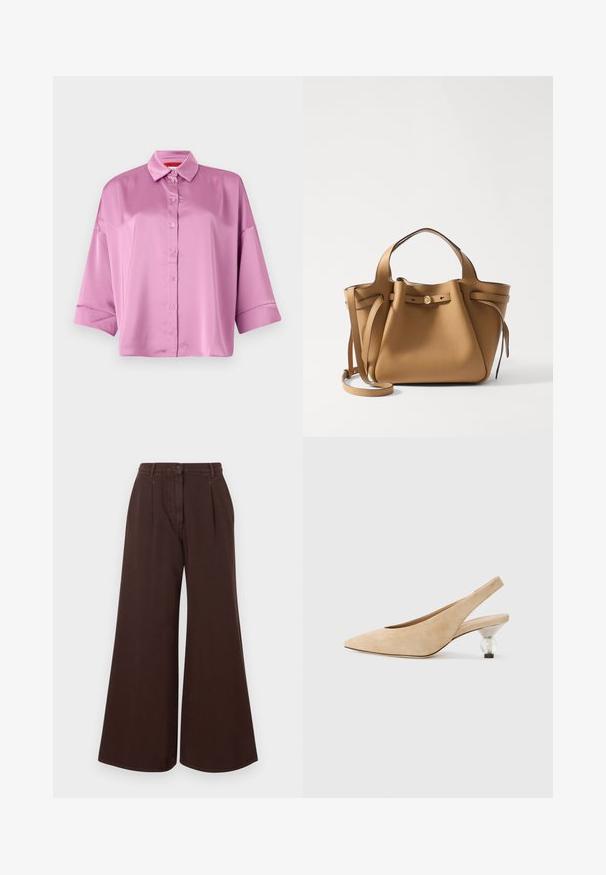 Jasnoróżowa satynowa koszula z guzikami, z kołnierzykiem, w luźnym kroju i podwiniętymi rękawami, charakteryzująca się gładką teksturą i subtelnym blaskiem.; Brązowe spodnie z wysokim stanem i szerokimi nogawkami, z zapięciem na guzik i zamek błyskawiczny, szlufkami na pasek oraz plisami z przodu.; Beżowe zamszowe buty typu slingback z ostrym noskiem i przezroczystą, okrągłą obcasem. Gładka faktura i minimalistyczny design.; Tory Burch ROMY wielbłądzi