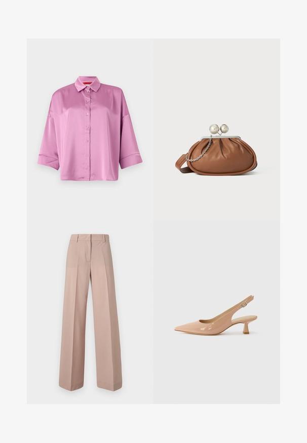 Chemise boutonnière en satin rose clair avec col, coupe décontractée et manches retroussées, présentant une texture douce et un léger éclat.; Pantalon à jambe large en tissu rose doux, avec un devant plat, une taille avec passants de ceinture et une texture lisse.; Chaussures slingback brevetées en rose clair, avec un bout pointu, un petit talon carré et une sangle réglable dotée d'une boucle circulaire.; Pochette en cuir marron avec un fermoir à boule en argent et un petit détail en chaîne argentée sur fond blanc.