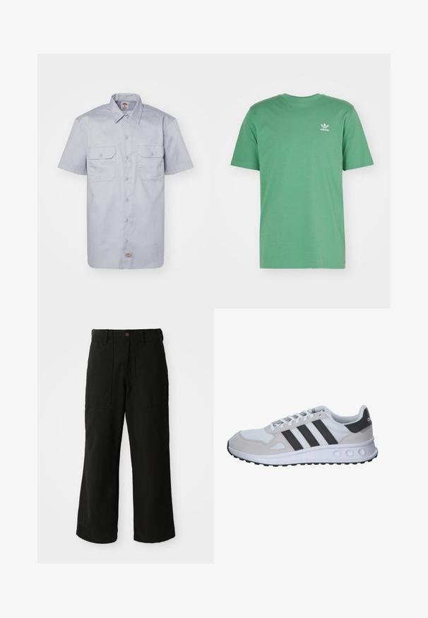 Kurzärmliges, hellgraues Hemd aus Baumwolle, mit spitzem Kragen, zwei Brusttaschen und Knopfverschluss.; adidas Originals TREFOIL ESSENTIALS - T-Shirt print - preloved green; Schwarze weit geschnittene Hose aus weichem Stoff, mit Fronttaschen und einem Knopfverschluss an der Taille. Minimalistisches Design ohne sichtbare Muster.; Graues und weißes Sportschuh-Modell mit einem Mesh-Obermaterial, Wildlederakzenten, drei schwarzen Streifen und einer strukturierten Gummisohle mit runden Aussparungen.