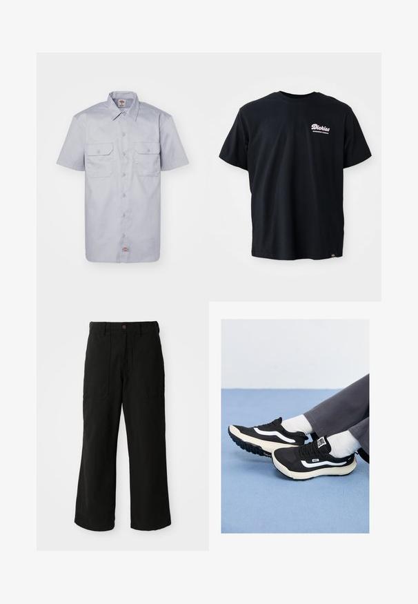 Světle šedá košile s krátkým rukávem vyrobená z bavlny, s límečkem, dvěma předními kapsami a zapínáním na knoflíky.; Černé bavlněné tričko s krátkým rukávem, kulatým výstřihem a růžovým logem na levé části hrudi. Obsahuje štítek na dolním levém lemu.; Černé široké kalhoty vyrobené z měkké látky, s předními kapsami a knoflíkovým zapínáním v pase. Minimalistický design bez viditelných vzorů.; Černé tenisky s bílými akcenty, síťovinou a gumovými materiály, s texturovanou podrážkou a poutkem na patě. Nosí se s bílými ponožkami a šedými kalhotami.