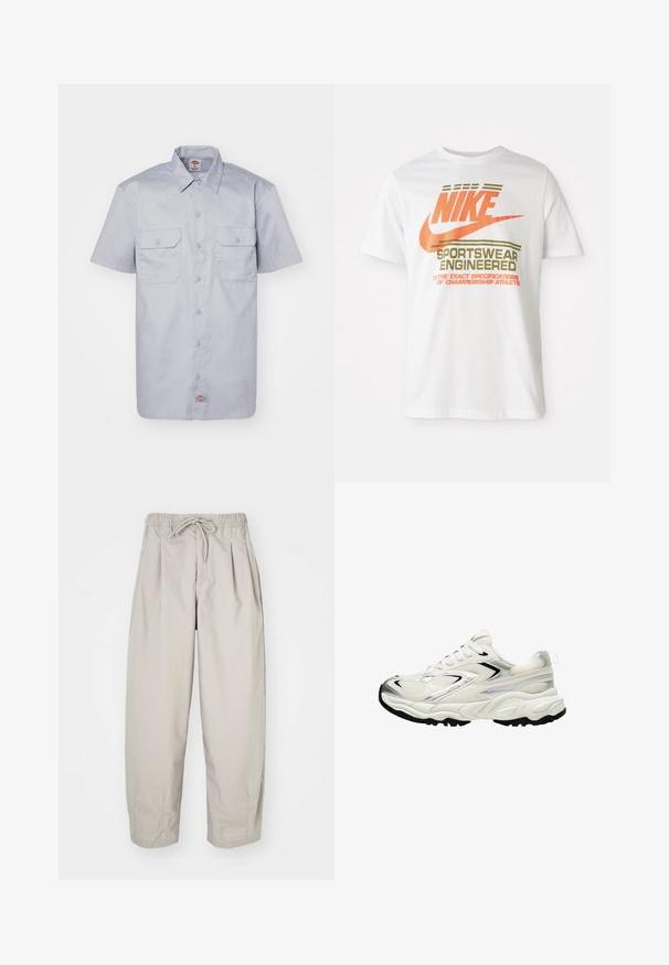 Srajca s kratkimi rokavi svetlo sive barve, narejena iz bombaža, z ovratnikom v obliki pika, dvema sprednjima žepoma in gumbi za zapiranje.; Bela bombažna majica s velikim oranžnim logotipom "NIKE" in zelenim napisom "SPORTSWEAR ENGINEERED" ter dodatnimi specifikacijami.; Bež hlače iz lahkega materiala z elastičnim pasom in vrvico. Imajo gube in ohlapen kroj, izdelane so iz mehkega, gladkega blaga.; Bele superge z mrežasto zgornjico, srebrnimi poudarki, črnim podplatom in teksturiranimi paneli. Imajo vezalni dizajn in okroglo obliko nosu.