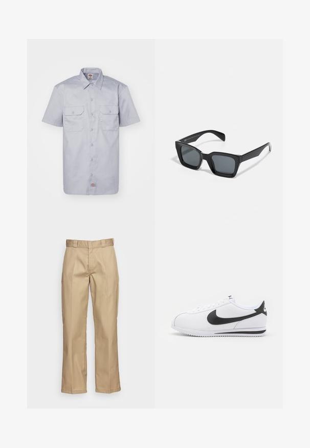 Lühikeste käistega heledashall puuvillane särk, millel on punktkrae, kaks esikotti ja nööpidega kinnitamine.; Khaki püksid sirge jala disainiga, valmistatud vastupidavast kangast, mis omab siledat tekstuuri ja kahekordset kumerust ees, et lisada detailide mitmekesisust.; Valged nahast spordijalatsid musta Nike swooshiga, lamedate paelte ja tekstuurse kummitaldaga. Ümar varbaväljund ja pehme kael, et tagada mugavus.; Mustad ristkülikukujulised prillid tumedate läätsedega. Plastist raam, millel on läikiv viimistlus, laia sillaga ja veidi kitsenevad käepidemed.