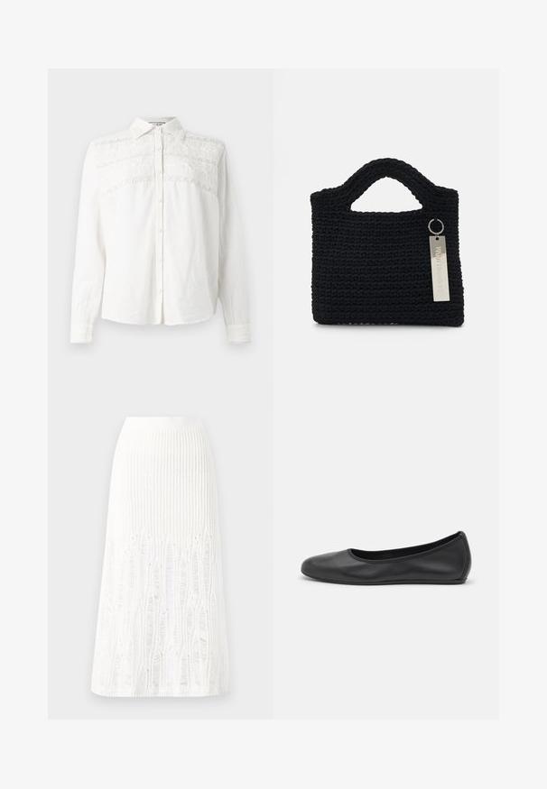 Paul & Joe ROYAN - Button-down blouse - blanc; Knit white midi skirt featuring a textured pattern with vertical lines and cut-out details near the hem. Elastic waistband. Soft material.; Black leather ballet flat with a rounded toe, smooth texture, minimal stitching detail, and a flexible sole design.; Won Hundred MARSIELLE COMPUTER BAG UNISEX - Laptop bag - black