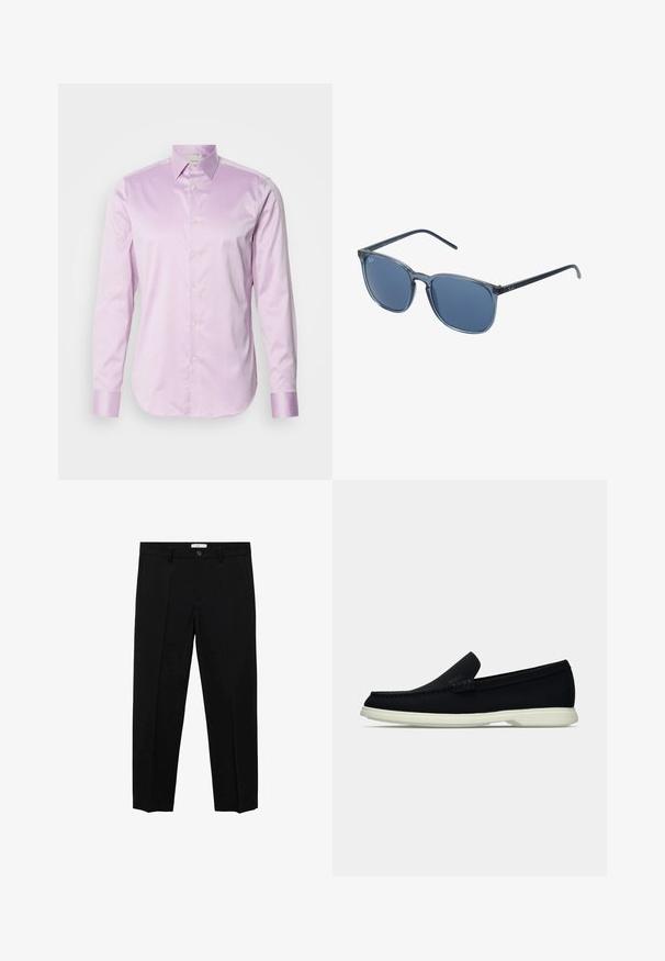 Camicia a maniche lunghe di colore viola chiaro, realizzata in tessuto liscio, con colletto a punta, bottoni frontali a tutta lunghezza e polsini lucidi a contrasto.; Pantaloni neri su misura con taglio dritto, dotati di chiusura con un solo bottone, passanti per la cintura e pieghe frontali. Realizzati in un tessuto liscio.; Scarpa nera slip-on con punta arrotondata, caratterizzata da una tomaia texture, una suola bianca liscia e un discreto logo sul lato.; Occhiali da sole rettangolari blu con lenti grigi, montatura in plastica, dettagli metallici e finitura opaca sulle aste.