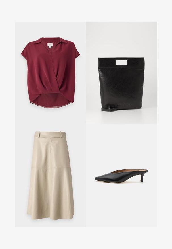 Burgundy short-sleeve blouse, featuring a collared neck, V-neckline, and twisted front design. Soft fabric with a slightly sheer finish.; Beige leather midi skirt with a smooth texture, wide waistband, and flared hem; features stitched seams for added detail.; Black leather mules with a pointed toe and low, block heel. Smooth texture with a sleek design. Open back with minimal detailing.; Black leather tote bag with a square handle, featuring a textured finish and embossed logo. Includes a detachable strap.