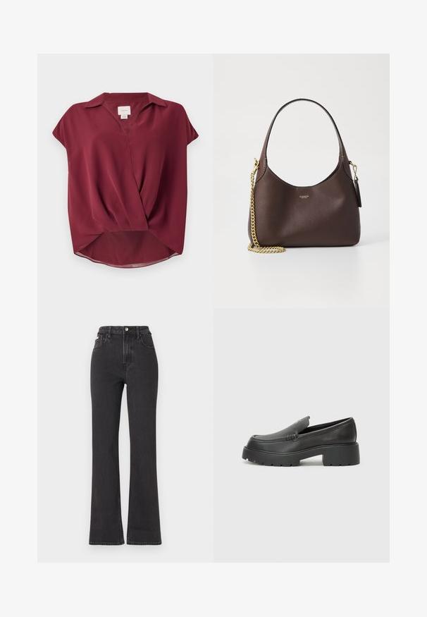 Burgunderfarget kortermet bluse med krage, V-hals og vridd frontdesign. Mykt stoff med en litt gjennomsiktig finish.; Svarte høyt midje, utsvingte jeans laget av denim, med knappelukking, beltehemper og sidelommer. Glatt tekstur med minimal falming.; Sorte skinnloafers med rund tå, tykk teksturert såle og minimale sømdetaljer. Strømlinjeformet design uten synlige snørebånd eller hardvarer.; COACH BROOKLYN SHOULDER BAG 23 - Håndveske - maple