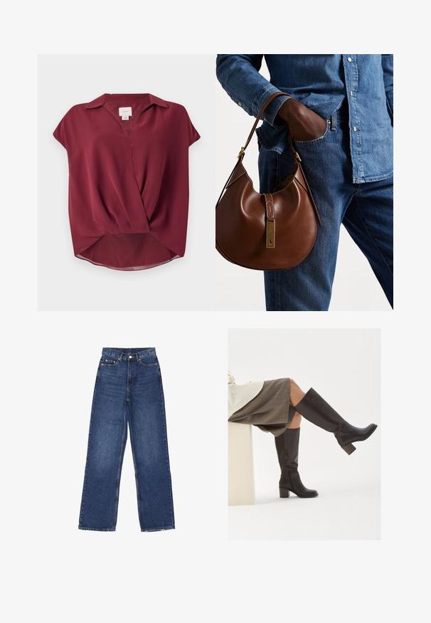 Blusa burdeos de manga corta, con cuello tipo polo, escote en V y diseño con fronta retorcido. Tejido suave con un acabado ligeramente transparente.; Jeans de mezclilla azul de pierna ancha con una cintura alta, que presentan un cierre de botón, cinco bolsillos y un leve desgastado en la tela.; Botas de cuero marrón hasta la rodilla con puntera cuadrada, tacón grueso y cremallera lateral. Textura suave con un acabado pulido.; Bolso hobo de cuero marrón con forma redondeada, que cuenta con un acento de hardware dorado y costuras en contraste. Combinado con una camisa de mezclilla y vaqueros.