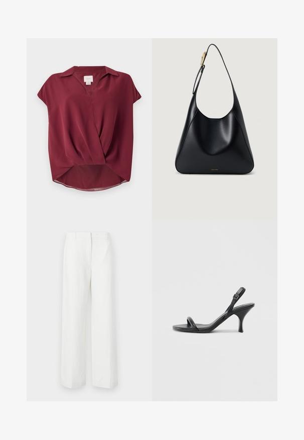 Bordeaux kortebloesem blouse met kraag, V-hals en gedraaide voorkant. Zachte stof met een iets doorschijnende afwerking.; Witte wijde broek met een soepele textuur, voorzien van een rechte voorkant en persplooien. Gemaakt van lichtgewicht stof, zonder zichtbare patronen.; Zwarte leren sandalen met hoge hakken, een slanke, gebogen hak en een gekruist bandontwerp. Verstelbare enkelband. Soepele textuur.; Zwarte leren schoudertas met een gladde textuur, gebogen silhouet en een goudkleurige hardwareaccent. Beschikt over het reliëf logo van het merk aan de onderkant.