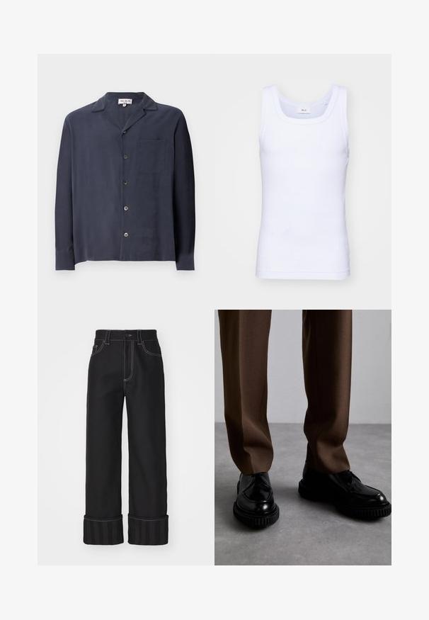 Tmavomodrá košeľa na gombíky vyrobená z hladkej tkaniny, s golierom, dlhými rukávmi, vreckom na hrudi a striebornými gombíkmi.; Biela bavlnená tielko bez rukávov s okrúhlym výstrihom, s hladkou textúrou a priliehavým strihom, navrhnuté pre neformálne nosenie.; Čierne široké nohavice s kontrastným bielym prešívaním, dizajn s piatimi vreckami a prúžkovanými manžetami. Materiál sa zdá byť pevný s hladkou textúrou.; Čierne kožené topánky s vrúbkovanou čiernou podrážkou, skombinované s hnedými, ušitými nohavicami vyrobenými z hladkej, štruktúrovanej látky.